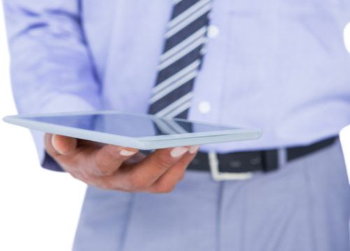  Close up view of businessman using tablet computer