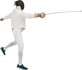 Man wearing fencing suit practicing with sword