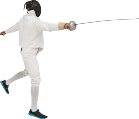 Man wearing fencing suit practicing with sword