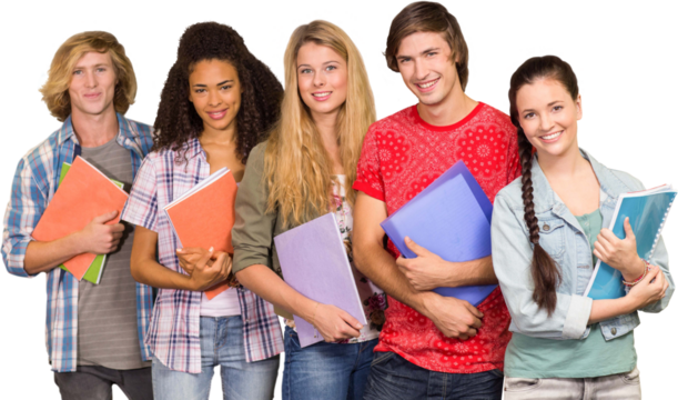 College students holding books in library