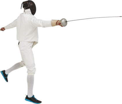 Man wearing fencing suit practicing with sword