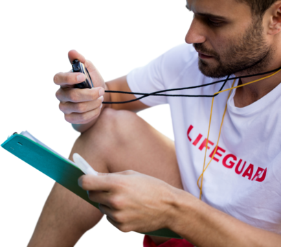 Close up of male instructor looking at stopwatch - Powered by Adobe