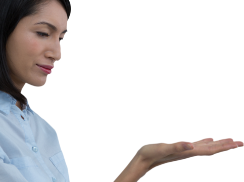 Woman pretending to hold an invisible object - Powered by Adobe