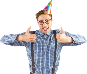 Geeky hipster wearing party hat smiling at camera