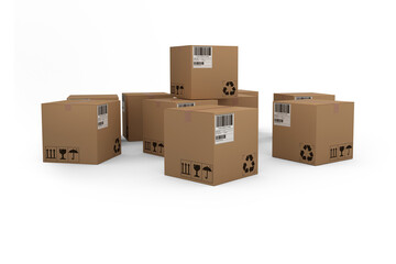 Group of digitally generated brown cardboard boxes