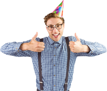 Geeky hipster wearing party hat smiling at camera - Powered by Adobe