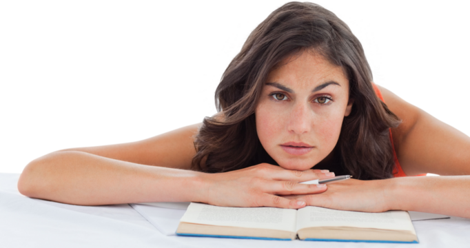 Frowning student head on her books - Powered by Adobe