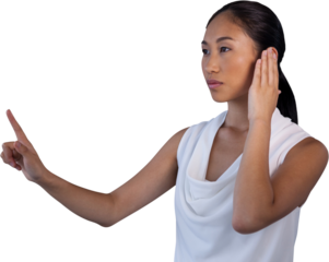 Young businesswoman pretending to answer call while touching invisible interface