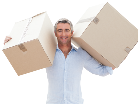 Happy man carrying cardboard boxes - Powered by Adobe