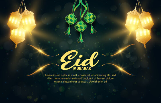 Eid Mubarak Banner With Quote And Beautiful Shiny Islamic Ornament And Abstract Gradient Dark Green Background Design