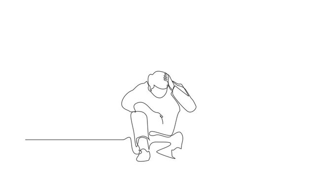 Self drawing animation of single line draw businessman feeling depression, holding head, and sitting on the floor. Frustrated worker mental health problems. Continuous line draw. Full length animated