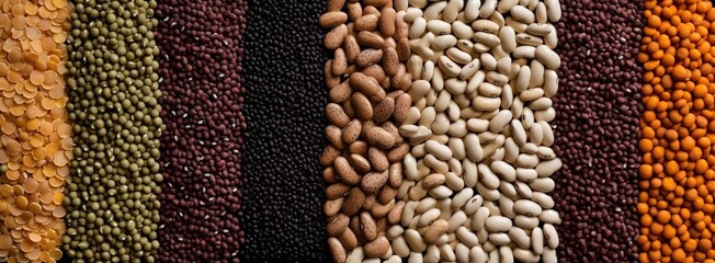 Textured background of grains and beans. Top view layout. Generative AI