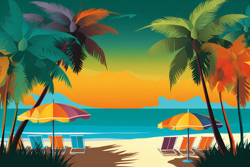 Fototapeta na wymiar Colorful beach scene with chairs and umbrellas