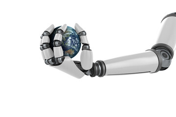 Digital image of metallic robot hand holding globe