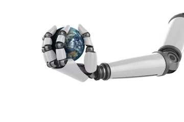 Foto auf Glas Digital image of metallic robot hand holding globe © vectorfusionart
