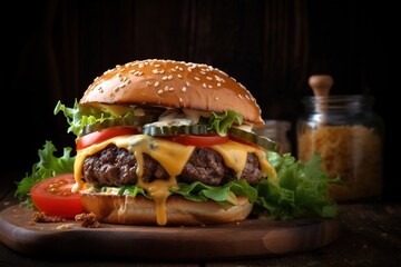 Tasty gourmet burger over dark background. Generative AI