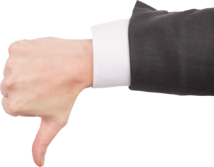 Hand of businessman showing thumbs down