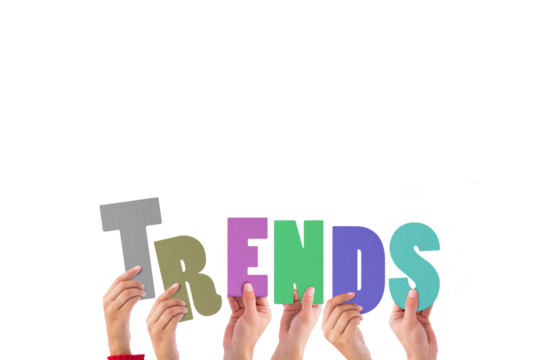 Colorful alphabet spelling trends held up by people 