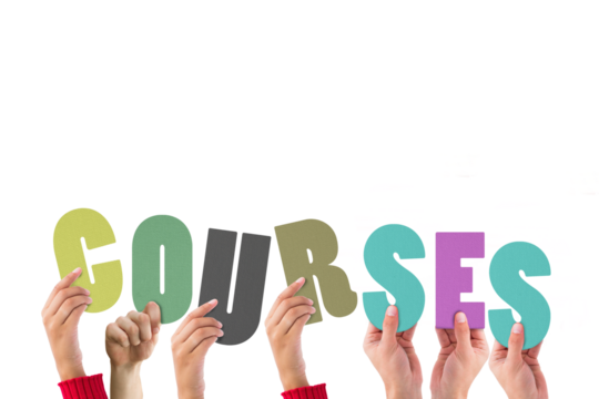 Cropped hands holding colorful word courses 