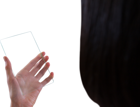 Cropped hand of woman using glass digital tablet
