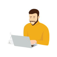 A man with a beard and wearing a turtleneck working with his laptop and having a cup of coffee.