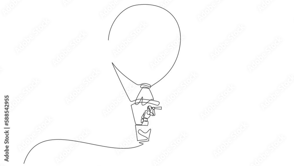 Poster animated self drawing of single continuous line draw robots in hot air balloon with money bag lookin