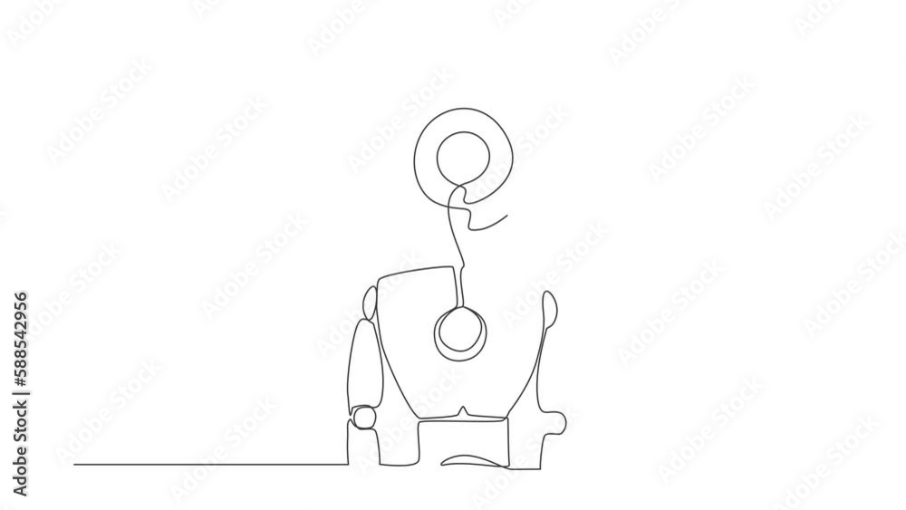 Poster self drawing animation of single one line draw robot with target instead of head. future technology.