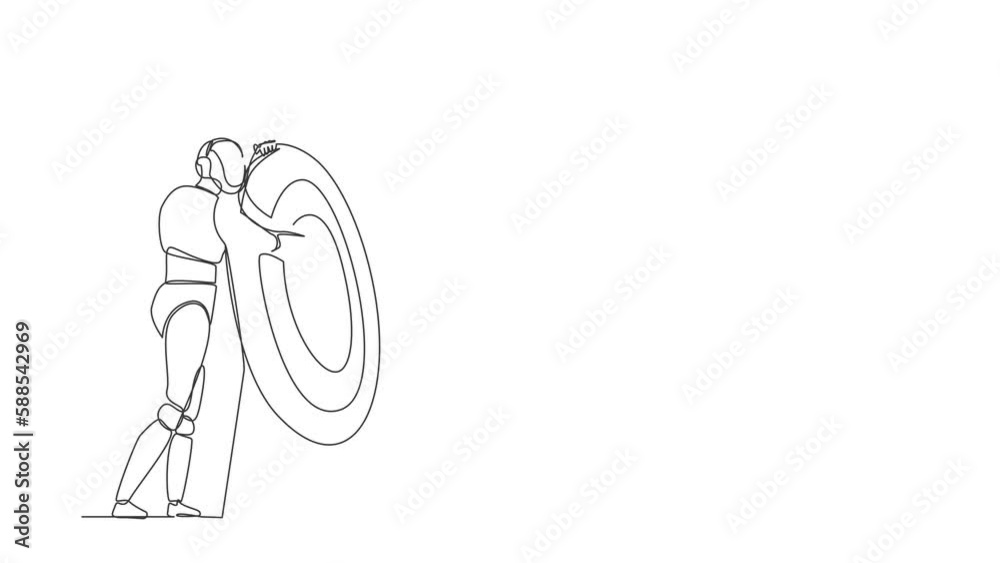 Poster animated self drawing of continuous line draw robots hugging huge target with arrow on target. moder
