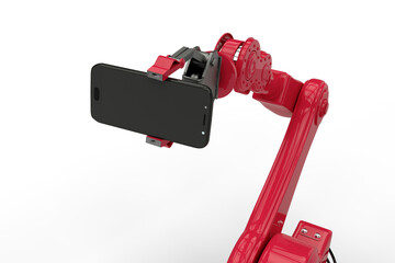 Composite image of robot holding smart phone