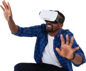 Man gesturing while using virtual reality headset