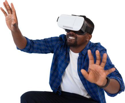 Man gesturing while using virtual reality headset - Powered by Adobe