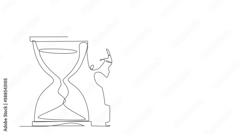 Poster self drawing animation of single line draw robot lean on giant hourglass. future technology developm