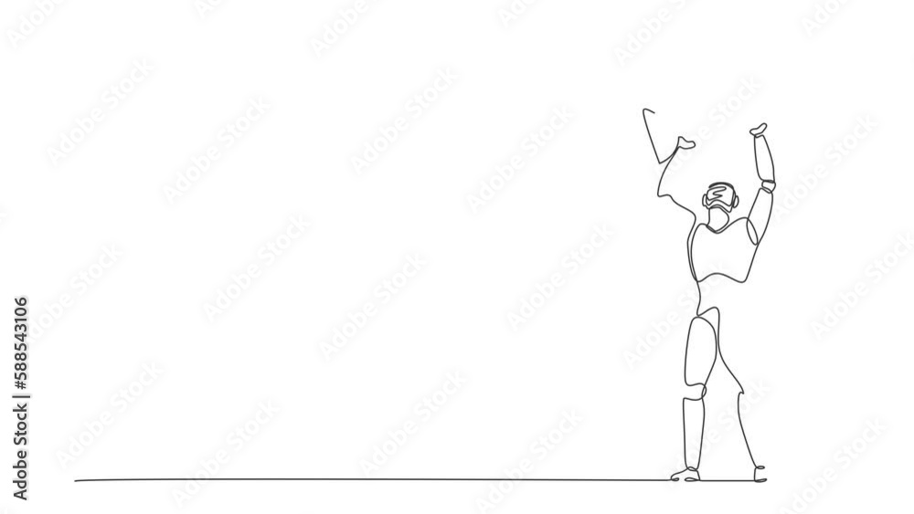 Poster animated self drawing of continuous line draw robots lifting up giant hourglass. modern robotics art
