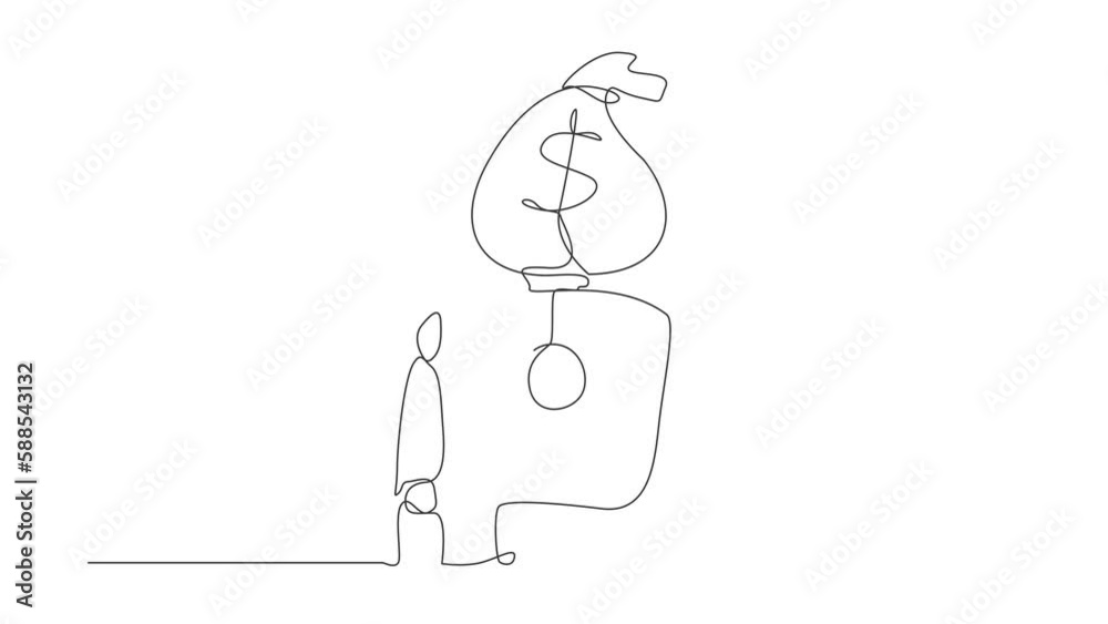 Poster self drawing animation of single line draw robot with money bag instead of head. future technology d