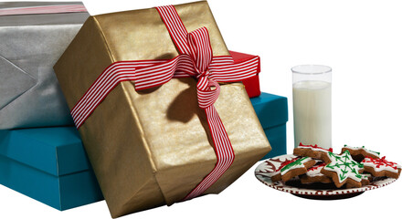 Close up of milk and sweet food in plate with wrapped gift