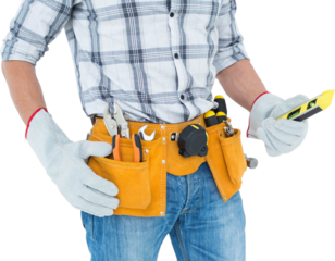 Technician holding spirit level over white background