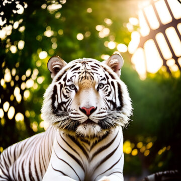 White Tiger Looking Cute in Forest at Sunset
