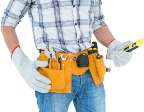 Technician holding spirit level over white background