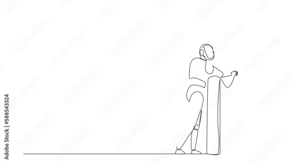 Poster animated self drawing of single continuous line draw robots standing and hugging huge briefcase. hum