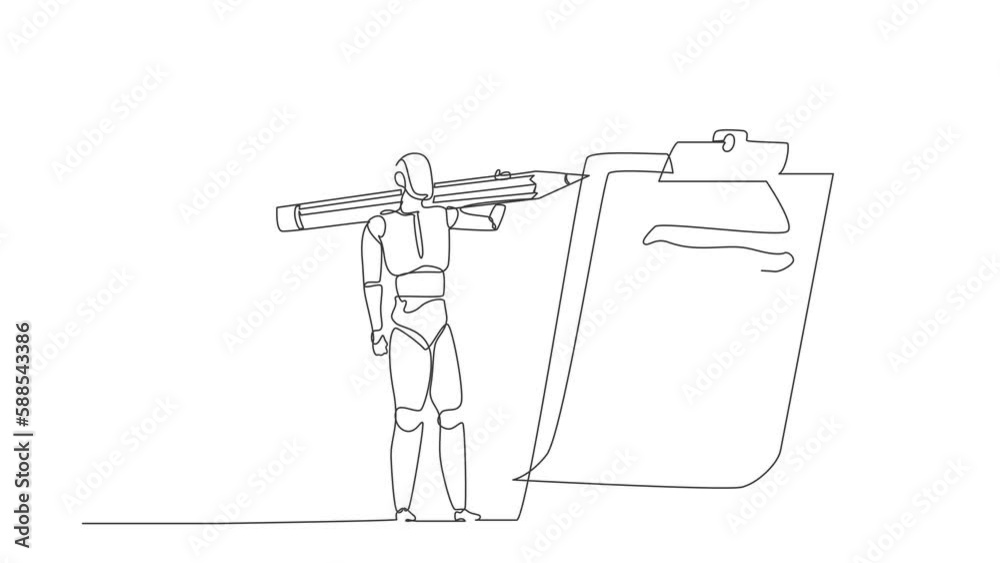 Poster animated self drawing of continuous line draw robot carrying pencil looking clipboard. future techno