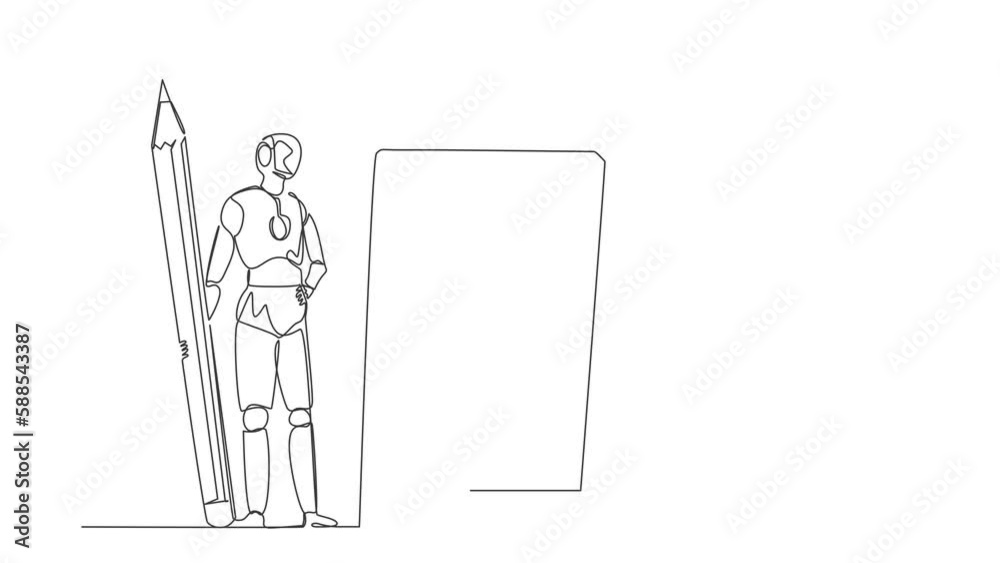 Poster animated self drawing of single continuous line draw robots holding pencil looking clipboard. modern