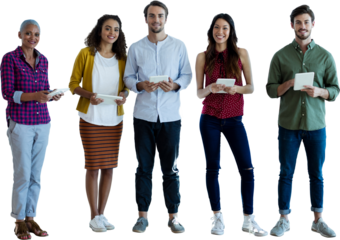 Portrait of confident business people holding tablet computers