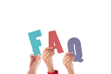 Colorful alphabet spelling FAQ held up by people 