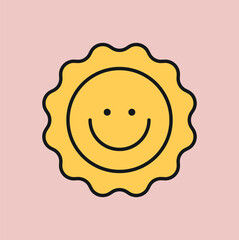 Obraz premium Retro emoticon concept. Yellow smile for social networks and messengers. Positivity and optimism, emotions and feelings. Hippie style sticker. Cartoon flat vector illustration