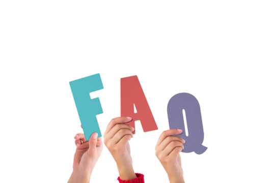 Colorful alphabet spelling FAQ held up by people 
