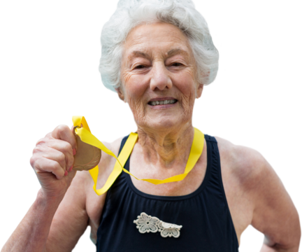 Portrait of senior swimmer showing medal - Powered by Adobe