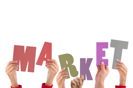 Colorful alphabet spelling market held up by people - Powered by Adobe