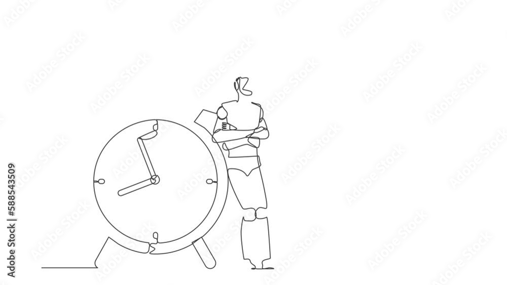 Poster self drawing animation of single one line draw robots lean on huge alarm clock. modern robotics arti