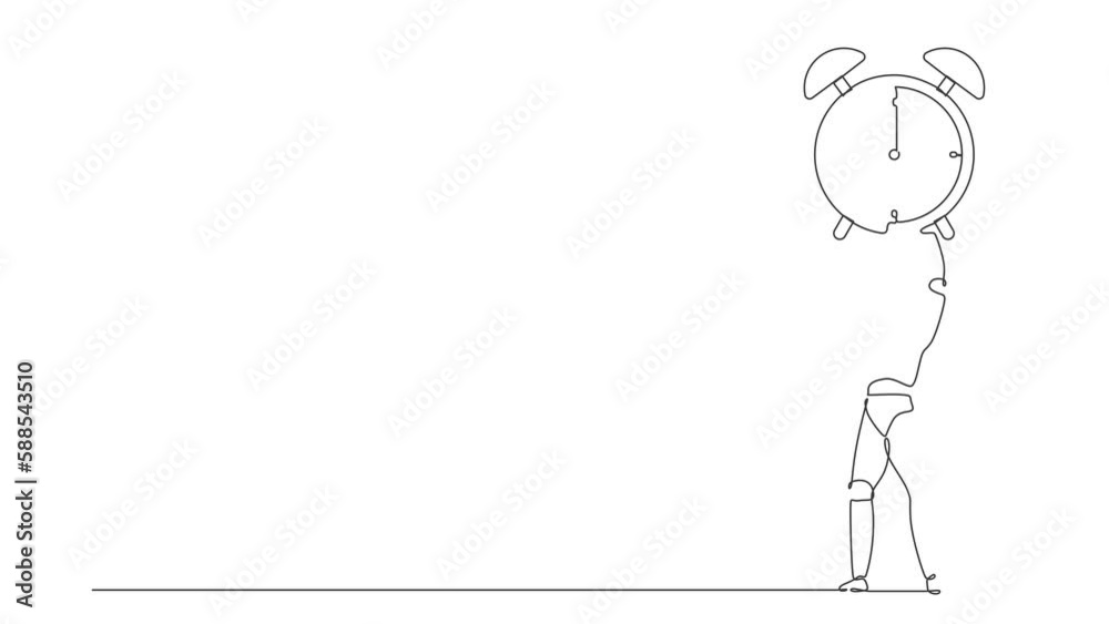 Poster animated self drawing of continuous line draw robots lifting up big alarm clock. modern robotics art