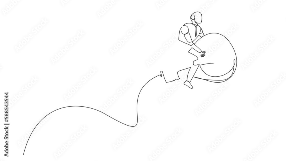 Poster animated self drawing of continuous line draw robots riding light bulb rockets. modern robotics arti